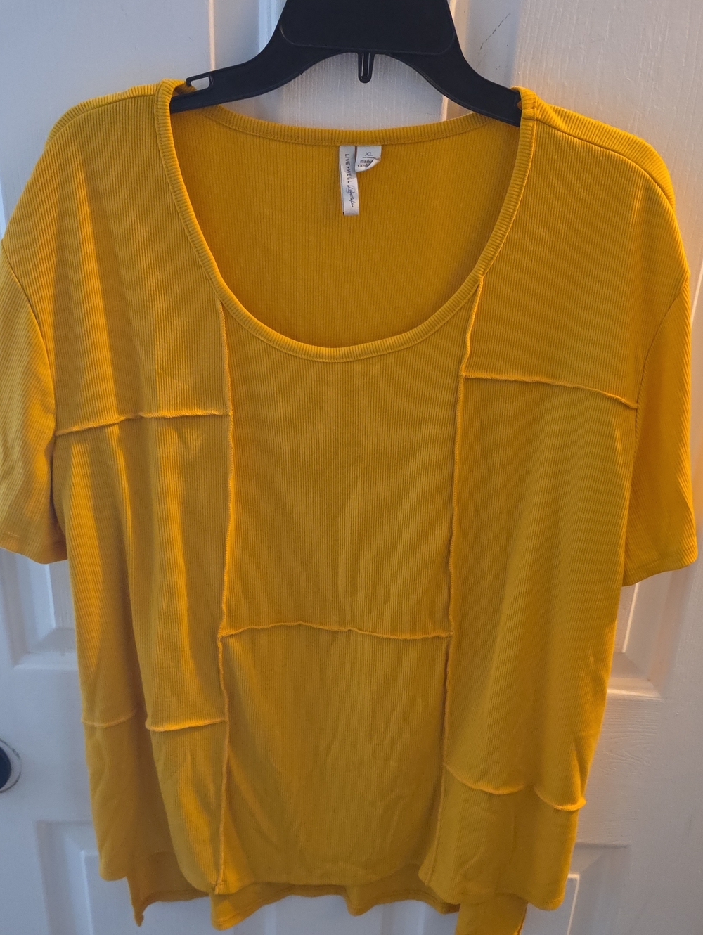 Women's Yellow Ribbed Patchwork Scoop Neck Tee